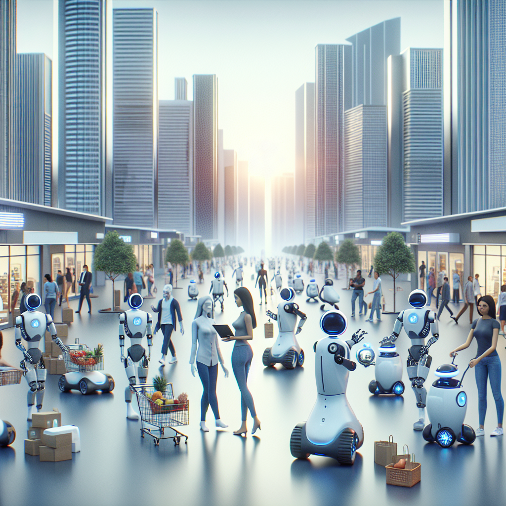 Imagery of a futuristic city with sleek buildings, where diverse mix of people are interacting with various autonomous robots across the scene. The robots are portrayed as 'agentic AI agents', shown helping their human counterparts in a variety of tasks - from carrying groceries, to driving autonomous cars, to medical assistance. Humans exhibit trust and calmness in the presence of these AI agents, reinforcing the theme of the 'Agentic AI Revolution'. The scene should be in realistic modern style with a tech-oriented, editorial touch, supporting blog and social media usage. No text, watermarks, branding or logos.